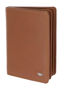 Portefeuille en cuir marron bi-pli avec couture soignée et petit logo argenté en bas à droite.