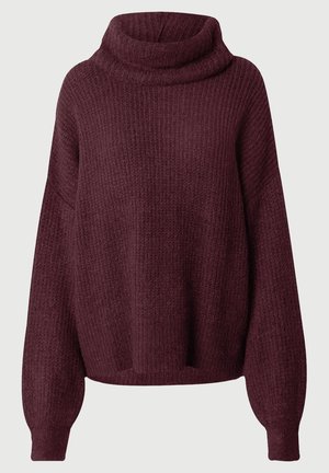 Tmavě červený pletený svetr s rolákem, volný střih, dlouhé rukávy a texturovaný vzor. Klasický styl s žebrovanými detaily na manžetách.