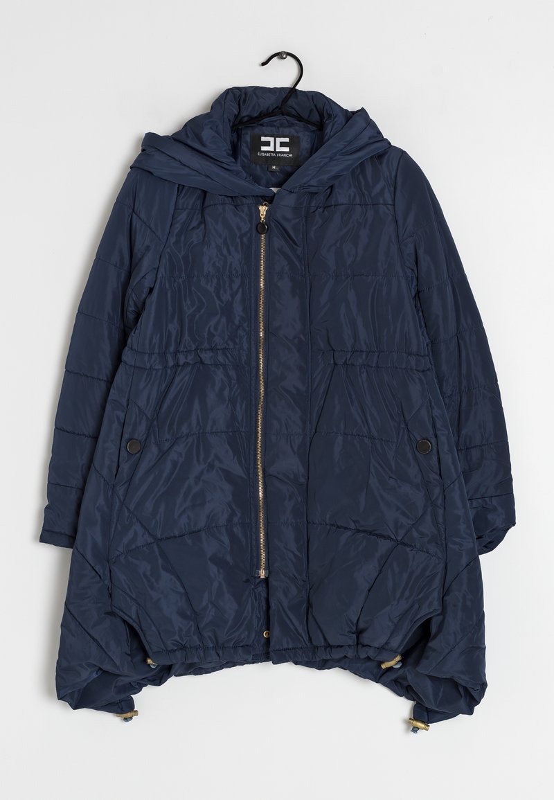 Navy blue puffer jacket with a hood, featuring a zip front, side pockets, elasticized hem, and diagonal quilted texture. Gold hardware accents.