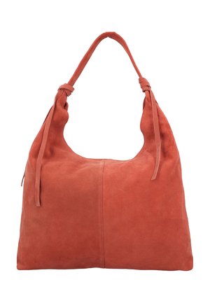 Grande borsa morbida in suede color terracotta con un singolo manico a tracolla e nodi decorativi su entrambi i lati.