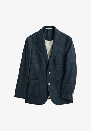 Dark blue denim blazer with notch lapels, two front pockets, two gold buttons, and cream striped inner lining.