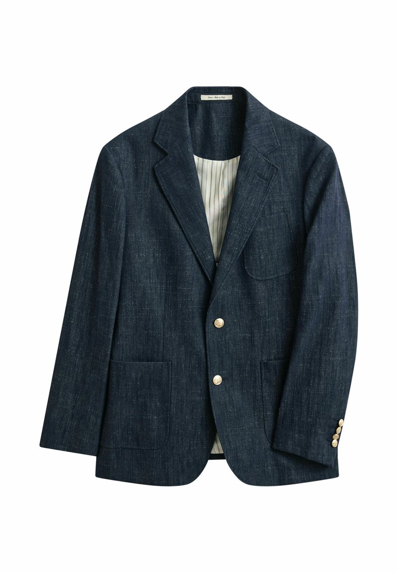 Dunkelblauer Denim-Blazer mit Spitzenrevers, zwei Vorderentaschen, zwei goldenen Knöpfen und creme gestreiftem Innenfutter.