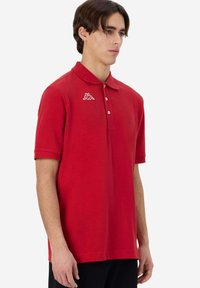 Polo shirt rosso a maniche corte con colletto, con un logo bianco sul lato sinistro. Realizzato in cotone con una texture liscia.