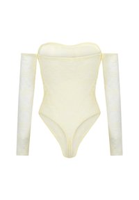 Off-the-shoulder bodysuit in zachte gele kant met transparante lange mouwen. Heeft een aansluitend ontwerp en een gladde textuur.
