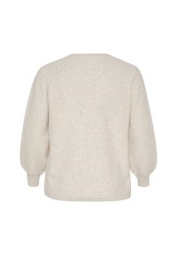 Lys beige sweater med en afslappet pasform, tekstureret strik og metalliske indslag. Rund halsudskæring og puflange ærmer.