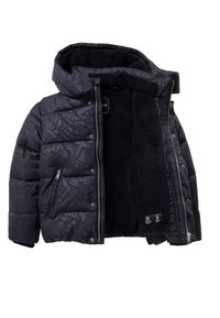 Czarna puchowa kurtka z geometrycznymi wzorami, zamek błyskawiczny, futrzane wnętrze oraz srebrne akcesoria. Posiada odczepiany kaptur oraz dwie kieszenie na zamek.