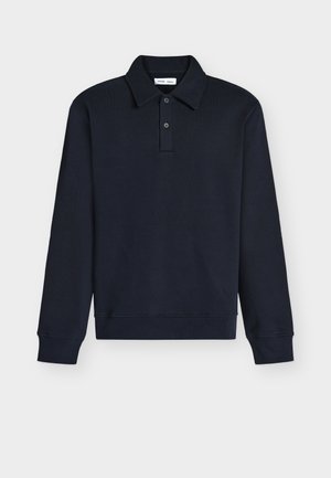 Polo a maniche lunghe color blu navy scuro con colletto e due bottoni sulla patta, polsini e orlo a coste, mostrato su sfondo bianco.