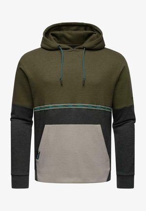 Hættebluse med olivengrønne, mørkegrå og lysegrå paneler, med en blåkantet vandret stripe og en frontlomme.