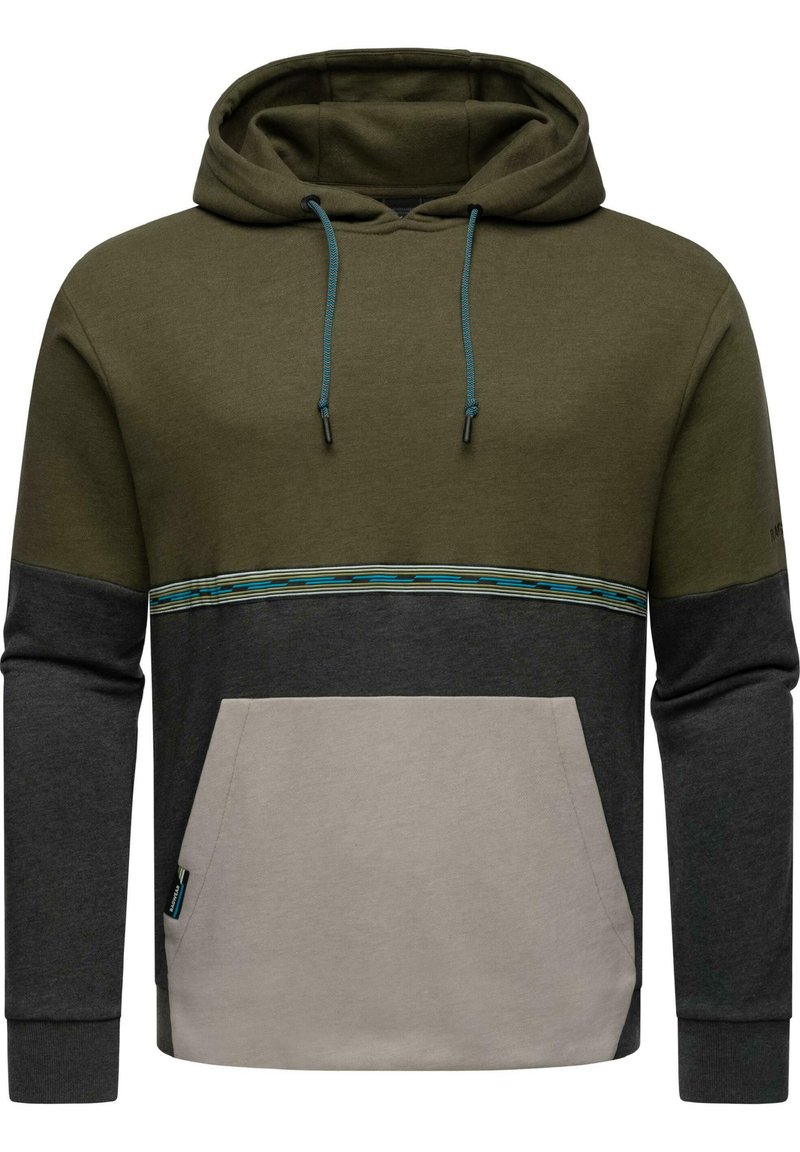 Felpa con cappuccio caratterizzata da pannelli verde oliva, grigio scuro e grigio chiaro, con una striscia orizzontale accentata in blu e una tasca frontale a marsupio.