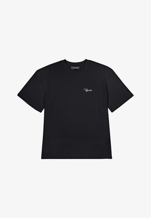 T-shirt noir à côtes en coton, avec un col rond et des manches courtes. Affiche un petit logo blanc sur le côté gauche.
