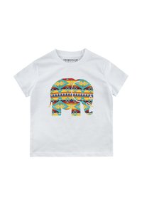 Camiseta de manga corta blanca con un gráfico colorido de un elefante con patrones geométricos en azul, naranja y amarillo. Tela de algodón suave.