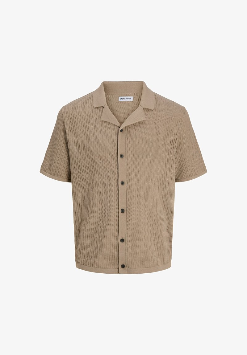 Camicia beige a maniche corte in maglia con colletto e sei bottoni neri, tessuto testurizzato, stile casual.