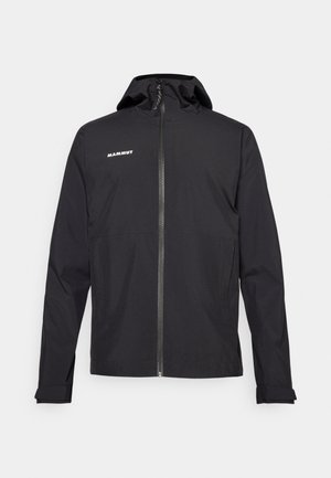 Črna kapuca jakna iz lahkega, vodoodpornega materiala. Ima zadrgo spredaj, elastične manšete in detajl logotipa na prsih.