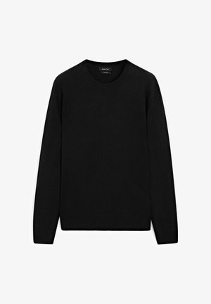 Maglione nero realizzato in morbido tessuto, con scollo rotondo, maniche lunghe e vestibilità comoda. Non sono visibili motivi o dettagli.