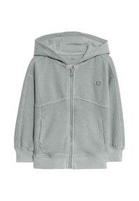 Felpa con zip di colore grigio chiaro, dotata di tasca a marsupio, tessuto testurizzato e cappuccio abbinato. Presenta un piccolo logo sul lato sinistro.