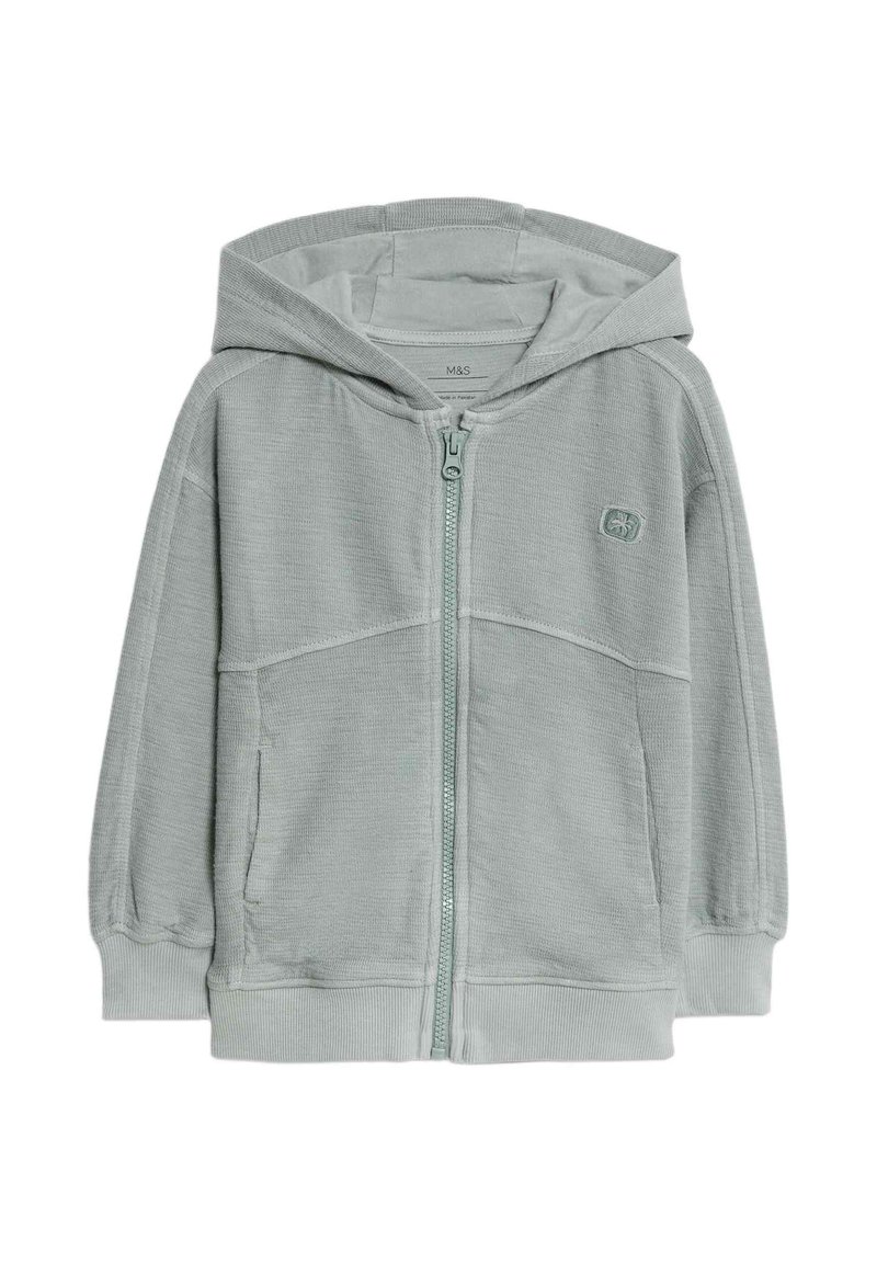 Felpa con zip di colore grigio chiaro, dotata di tasca a marsupio, tessuto testurizzato e cappuccio abbinato. Presenta un piccolo logo sul lato sinistro.