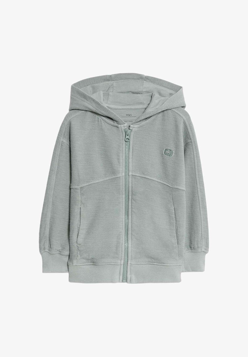 Felpa con zip di colore grigio chiaro, dotata di tasca a marsupio, tessuto testurizzato e cappuccio abbinato. Presenta un piccolo logo sul lato sinistro.