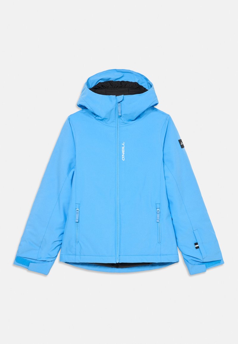 Světle modrá nepromokavá bunda s kapucí, zipovým zapínáním, dvěma předními kapsami na zip a akcentními detaily na rukávech a kapuci.