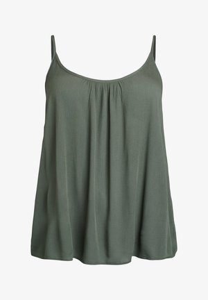 Canotta senza maniche di colore verde scuro con scollo plissettato e vestibilità morbida, realizzata in un tessuto leggero e soffice. Design semplice e privo di decorazioni.