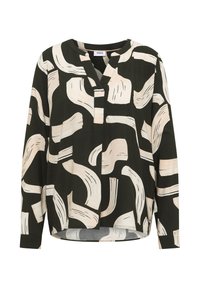 Bluzka z długim rękawem w ciemnozielonym materiale z abstrakcyjnymi beżowymi wzorami przypominającymi pociągnięcia pędzla. Dekolt w kształcie litery V z plisą na guziki i zaokrąglonym dołem.
