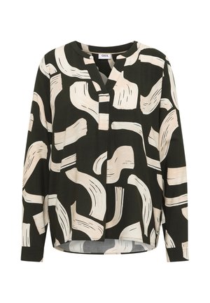 Blusa de manga larga en tela verde oscuro con patrones abstractos de brochazos beige. Escote en V con tapeta de botones y dobladillo redondeado.