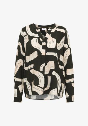 Blůza s dlouhým rukávem z tmavě zelené látky s abstraktními béžovými tahy štětcem. Výstřih do V s knoflíkovou légou a zaobleným spodním okrajem.