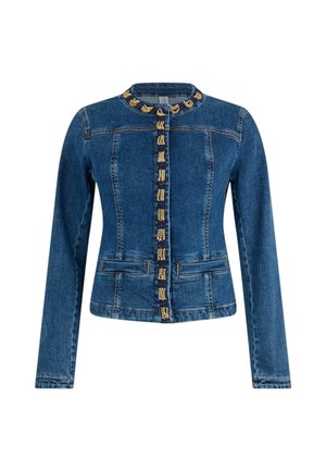 Giacca in denim blu scuro, caratterizzata da un colletto rotondo, chiusura frontale con bottoni e dettagli dorati, e due tasche anteriori.