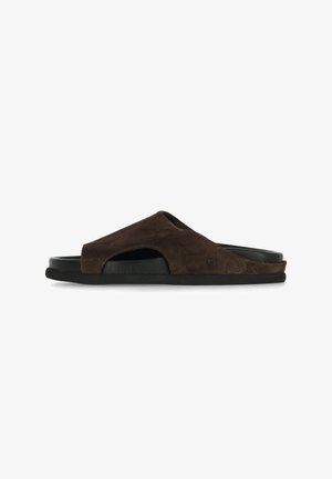 Brown suede open-toe slide sandal with black cushioned sole and side cutout, low-profile design.