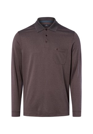 Langärmeliges dunkelbraunes Poloshirt mit strukturiertem Muster, drei Knöpfen, Kragen und Brusttasche.