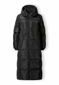 Duga crna zimska kaput s podstavom, s kapuljačom, elastičnim rukavima, prednjim patentnim zatvaračem i bočnim džepovima na patentni zatvarač, dizajnirana za toplinu.