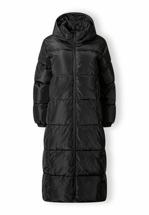 Pitkä musta topattu talvitakki hupulla, joustavat hihansuut, etuvetoketju ja vetoketjulliset sivutaskut, suunniteltu lämpöä varten.