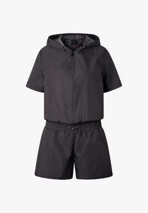 Black short-sleeve hooded romper with front zipper and elastic waistband featuring small pink drawstring accents.
