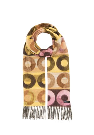 Weicher Wollschal mit mehrfarbigem kreisförmigem Muster in Gelb, Braun, Pink und Grau, mit Fransen an den Enden und einem kleinen Markenlabel.