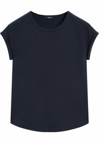 Marinblå T-shirt i mjukt material, med rund halsringning, korta ärmar och avslappnad passform. Slät yta utan synliga mönster.