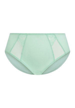 Hoge taille mintgroene onderbroek met mesh zijpanelen en bloemenkantaccenten, gemaakt van zachte, ademende stof. Glad textuur overal.