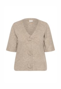 Cardigan beige en tricot avec un col en V, des manches courtes et trois boutons en forme de fleur à l'avant. Texture douce et design décontracté.