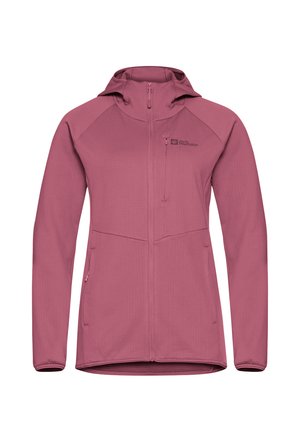 Roze lichtgewicht jas met een capuchon, voorzien van ritszakken aan de voorkant, een gestructureerde stof en een logo op de borst. Ontwerp met volledige ritssluiting.