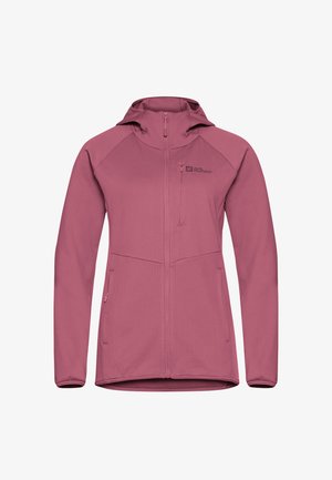 Giacca leggera rosa con cappuccio, dotata di tasche frontali con zip, tessuto texture e un logo sul petto. Design con chiusura a zip completa.