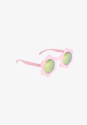 Pink flower-shaped sunglasses with green reflective lenses and a glossy finish. Lightweight plastic frame with curved temples.