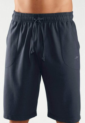 Dunkelgraue Shorts aus weichem Material. Mit einem elastischen Bund und Kordelzug, seitlichen Taschen und einem kleinen Logo am Bein.