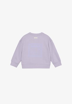 Lila Sweatshirt mit lockerem Schnitt, mit Schachbrettmuster und "SUMMER"-Grafik auf der Rückseite, gefertigt aus weichem Baumwollmaterial.