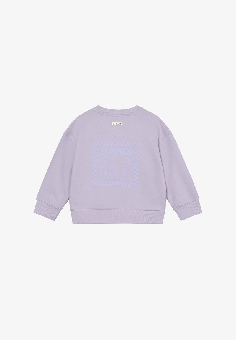Sweat-shirt lilas avec une coupe décontractée, présentant un motif damier et un graphisme "SUMMER" au dos, confectionné en coton doux.