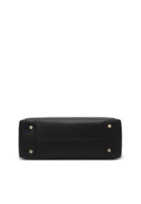Sac rectangulaire en cuir noir avec accents en matériel doré, texture lisse et coutures discrètes. La base est dotée de clous en métal protecteurs.