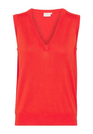Red sleeveless top with a V-neckline, made from soft knit fabric. Features a ribbed trim at the neck and hem, offering a relaxed fit.
