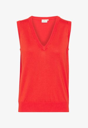 Punane käisteta topp V-kaelusega, valmistatud pehmest kudumist. Omab soonikserva kaeluses ja allservas, pakkudes lõdvestunud istuvust.