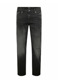 Sorte denim jeans med en slim straight fit, der har fem lommer og en subtil falmet tekstur. Metalknap og nitte-detaljer.
