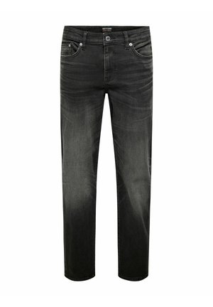 Sorte denim jeans med en slim straight fit, der har fem lommer og en subtil falmet tekstur. Metalknap og nitte-detaljer.