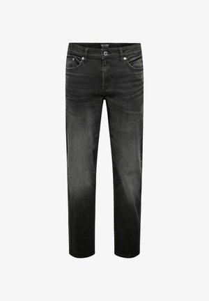 Crne traperice od denima s uskim ravnim krojem, s pet džepova i suptilnom izblijedjelom teksturom. Metalni gumb i detalji u obliku zakovica.