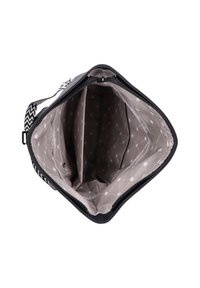Black handbag with zigzag patterned strap, zip closure, and a spacious beige interior featuring multiple compartments and light geometric print.