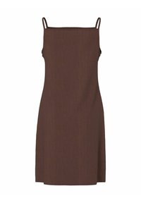 Robe midi marron sans manches avec fines bretelles et encolure droite, présentant un motif subtil de tissu texturé.